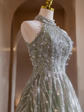 Ndyad A-line Halterneck Tulle Sequins Long Prom Dress, Beaded Evening Dress HZ1024