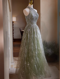 Ndyad A-line Halterneck Tulle Sequins Long Prom Dress, Beaded Evening Dress HZ1024