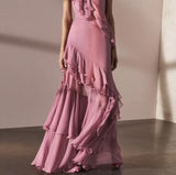 Ndyad V-Neck Chiffon Pleated Sleeveless Back Zippered Long Prom Dress Beautiful Party Dress HZ1024
