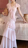 Ndyad V-Neck Chiffon Pleated Sleeveless Back Zippered Long Prom Dress Beautiful Party Dress HZ1024