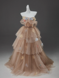 Ndyad A-Line Off Shoulder Tulle Sequin Long Ball Dress Cute Layered Dress HZ1024