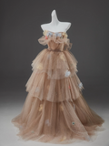 Ndyad A-Line Off Shoulder Tulle Sequin Long Ball Dress Cute Layered Dress HZ1024