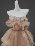 Ndyad A-Line Off Shoulder Tulle Sequin Long Ball Dress Cute Layered Dress HZ1024