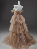 Ndyad A-Line Off Shoulder Tulle Sequin Long Ball Dress Cute Layered Dress HZ1024