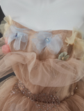 Ndyad A-Line Off Shoulder Tulle Sequin Long Ball Dress Cute Layered Dress HZ1024