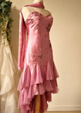 Ndyad A-line Pink Spaghetti Strap Satin Applique Retro Prom Dress Birthday Party Dress HZ1024