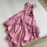 Ndyad A-line Pink Spaghetti Strap Satin Applique Retro Prom Dress Birthday Party Dress HZ1024
