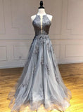 Ndyad A-line Halter Tulle Appliques Long Prom Dress Backless Formal Evening HZ1024