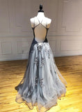 Ndyad A-line Halter Tulle Appliques Long Prom Dress Backless Formal Evening HZ1024