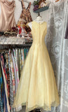 Ndyad Yellow A-Line Boat Neck Tulle Long Prom Dress Simple Embroidery Applique Evening Dress HZ1024