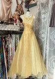 Ndyad Yellow A-Line Boat Neck Tulle Long Prom Dress Simple Embroidery Applique Evening Dress HZ1024