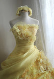 Ndyad Yellow A-Line Strapless Organza Wedding Dress with Appliques and Rhinestones Long Evening Gown HZ1024