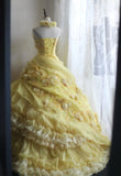 Ndyad Yellow A-Line Strapless Organza Wedding Dress with Appliques and Rhinestones Long Evening Gown HZ1024