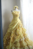Ndyad Yellow A-Line Strapless Organza Wedding Dress with Appliques and Rhinestones Long Evening Gown HZ1024
