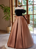 Ndyad Off Shouder Satin Brown Long Prom Dress, Brown Long Formal Dress HZ1024