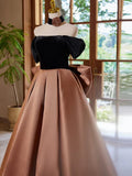 Ndyad Off Shouder Satin Brown Long Prom Dress, Brown Long Formal Dress HZ1024
