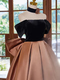 Ndyad Off Shouder Satin Brown Long Prom Dress, Brown Long Formal Dress HZ1024