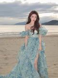 Ndyad A-Line off-shoulder organza print Long Prom Dress Birthday Adult Ceremony Dress HZ1024