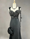 Ndyad Black Mermaid Satin Beaded Sequin Long Prom Dress, Sweetheart Neck Evening Dress HZ1024