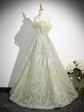 Ndyad A-Line Off the Shoulder Glittering Tulle Sequins Long Prom Dress Sweet 16 Dress HZ1024