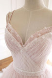 Ndyad A Line Spaghetti Strap Tulle Beaded Long Prom Dress Sweet Applique Wedding Dress HZ1024