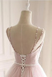 Ndyad A Line Spaghetti Strap Tulle Beaded Long Prom Dress Sweet Applique Wedding Dress HZ1024