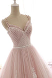 Ndyad A Line Spaghetti Strap Tulle Beaded Long Prom Dress Sweet Applique Wedding Dress HZ1024