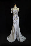 Ndyad Spaghetti Strap Chiffon Beaded Sequin Long Prom Dress Embroidered Applique Evening Gown HZ1024