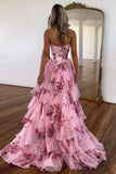 Ndyad A-Line Chiffon Floral Print Ruffle Long Prom Dress with Slit HZ1024
