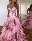 Ndyad A-Line Chiffon Floral Print Ruffle Long Prom Dress with Slit HZ1024