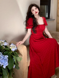Ndyad retro square neck waist slim print dress seaside holiday dress HZ1024