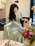 Ndyad retro square neck waist slim print dress seaside holiday dress HZ1024