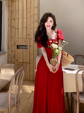 Ndyad retro square neck waist slim print dress seaside holiday dress HZ1024