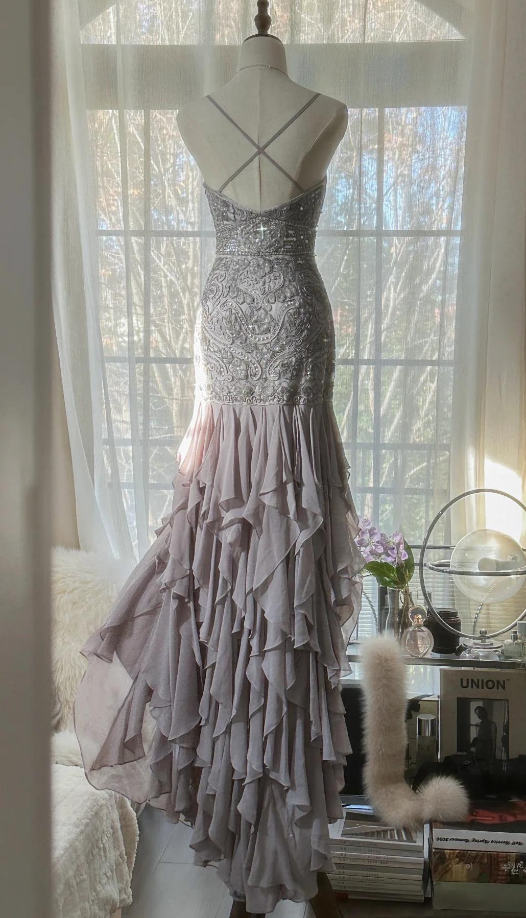 Ndyad Purple Spaghetti Strap Appliques Bodycon Open Back Evening Dresses Chiffon Sequin Long Prom Dresses HZ1024