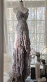 Ndyad Purple Spaghetti Strap Appliques Bodycon Open Back Evening Dresses Chiffon Sequin Long Prom Dresses HZ1024