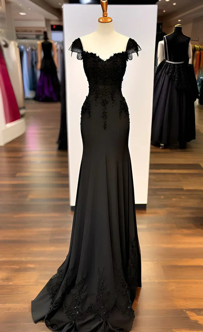 Ndyad Black Mermaid Gown V Neck Chiffon Lace Prom Dress Evening Dress HZ1024