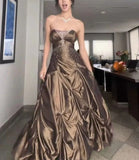 Ndyad Forest Green A-Line Long Prom Dresses With Silver Beads Sweet Strapless Satin Evening Dresses HZ1024