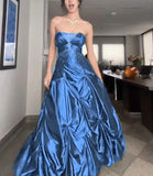 Ndyad Forest Green A-Line Long Prom Dresses With Silver Beads Sweet Strapless Satin Evening Dresses HZ1024