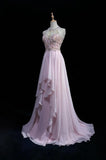Ndyad Pink A-Line Tulle High Neck Chiffon Long Beaded Backless Prom Dress Retro Wedding Birthday Dress HZ1024