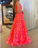 Ndyad A-Line One Shoulder Sequin Lace Long Prom Dresses Floor Length Sparkly Evening Dress HZ1024