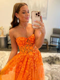 Ndyad A line Strapless Tulle Lace Long Prom Dres Applique Formal Dress HZ1024