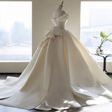 Ndyad Off Shoulder Satin Light Champagne Long Prom Dress, Light Champagne Formal Dress HZ1024