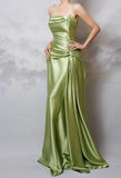 Ndyad Y2k Green Sheath Spaghetti Strap Satin Prom Dress Elegant Evening Gown for Birthday HZ1024