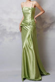 Ndyad Y2k Green Sheath Spaghetti Strap Satin Prom Dress Elegant Evening Gown for Birthday HZ1024