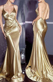 Ndyad Gold Satin Spaghetti Strap Mermaid Backless Prom Dress Formal Prom Dress HZ1024