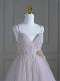 Ndyad V Neck Tulle Pink Long Prom Dress, Pink Tulle Long Formal Dress HZ1024