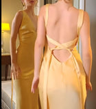 Ndyad Yellow Satin Sheath V Neck Backless Party Dress Sexy Elegant Evening Dress HZ1024