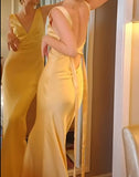 Ndyad Yellow Satin Sheath V Neck Backless Party Dress Sexy Elegant Evening Dress HZ1024