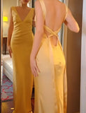 Ndyad Yellow Satin Sheath V Neck Backless Party Dress Sexy Elegant Evening Dress HZ1024