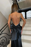 Ndyad Mermaid Pink Backless Long Evening Dresses Spaghetti Straps Party Dresses with Bowknot HZ1024